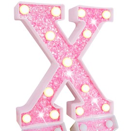 Pooqla LED Marquee Lights, Pink Glitter Alphabet Letters Sign - Battery Powered Night Light, Birthday Party, Wedding, Girls Gifts, Home Bar, Christmas Decoration, Pink Letter X