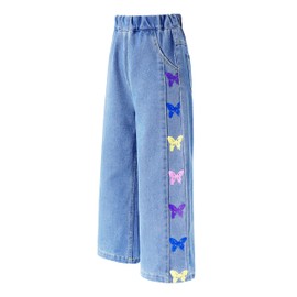 ToeJusty Little Girls' Wide Leg Jeans | Colorful Butterfly Print Denim Pants | Elastic Wasit Baggy Straight Jeans Kids Clothes 7-8 Years