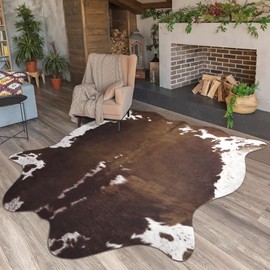 Pettop Luxury Faux Cowhide Rug 4.6x5.2 Feet - Western Cow Print Area Rugs for Living Room, Bedroom, Farmhouse - Premium Western Style Faux Fur Carpet, Non-Slip Animal Hide Throw Rugs (Dark Brown)