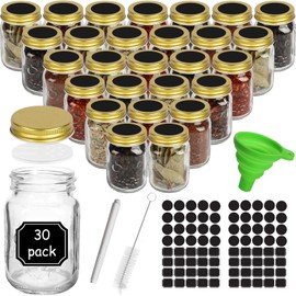 CycleMore 30 Pack 4oz Glass Mason Spice Jars, Round Spice Containers with Gold Metal Caps and Pour/Sift Shaker Lids-80pcs Labels,1pcs Silicone Collapsible Funnel,1pcs Brush and 1pcs Pen Included