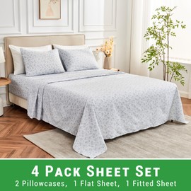 Gogreen 4PC Deep Pocket Queen Sheet Set Fit 16", Breathable Microfiber Soft Queen Size Sheet Set, Hotel Style Bed Sheet Set, Gift for Women, Men - Gray Flower