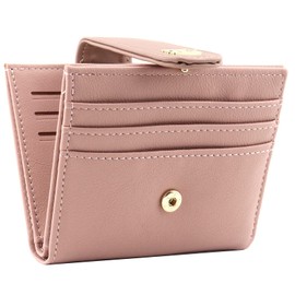 Favydov Compact Small Wallet for Women Slim Bifold 11 Credit Card Holder Organizer PU Leather Zipper Coin Purse Pale Pink