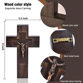 Wall Wooden Cross Christian Wooden Cross Religious gift that can stand on a table or hang on a wall with hooks,with Copper-colored Jesus,suitable for church home decoration,9 inches(Walnut color)