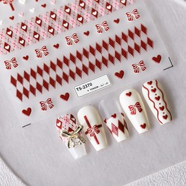 1 Sheets Valentine's Day Nail Art Stickers Self Adhesive 5D Embossed Bow Nail Stickers for Nail Art Red Bows Heart Nail Decals Lattice Nail Design Stickers Valentines Nail Supplies for Women Girl