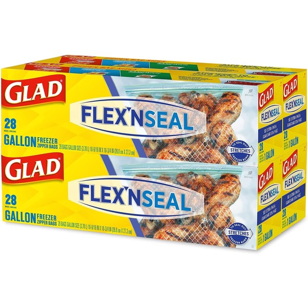 Glad FLEXN SEAL Gallon Freezer Zipper Bags, 28 Count (Pack of 4) - Package May Vary