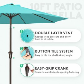 JEAREY 10FT Outdoor Patio Umbrella Outdoor Table Umbrella with Push Button Tilt and Crank, Market Umbrella 8 Sturdy Ribs UV Protection Waterproof for Pool, Garden (Turquoise)