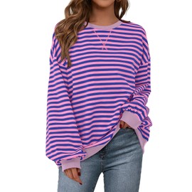 PRETTYGARDEN Womens Striped Oversized Sweatshirt Color Block Crew Neck Long Sleeve Casual Loose Pullover Top Y2K Clothes (Blue Pink, Medium)