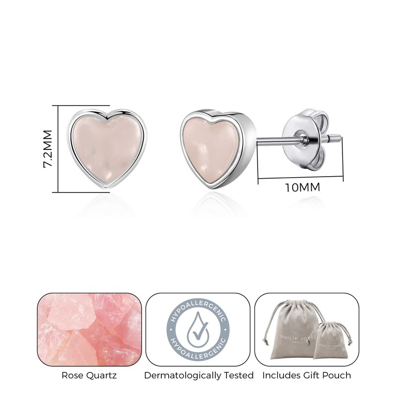 Philip Jones Rose Quartz Heart Stud Earrings