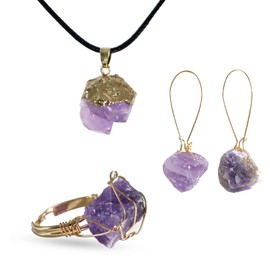 Amethyst Energy Set 1Pcs Natural Amethyst Ring Wire Wrapped Adjustable Ring 1Pcs Natural Amethyst Crystal Necklace with Black Cord and 1Pcs Amethyst Earrings