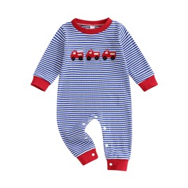 Newborn Baby Boy Fall Outfit Waffle Knit One Piece Clothes Crewneck Fire Trucks Long Sleeve Romper Jumpsuit (Blue, 6-12 Months)