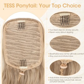 TESS Wavy Ponytail Hairpiece with Drawstring, 66 cm Curly Synthetic Hair Extension, Wavy Hair Extension, Long Wavy Braid for Women, Blonde and Ash Blonde Mixed