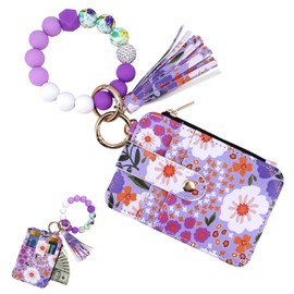 Wristlet Keychain Wallet Keychain Bracelet Wristlet Purses for Women Card Holder Women Decoration Keychain with Floral Pattern Wallet Small Beaded Bracelets Wallet with Card Cash Holder Key Ring