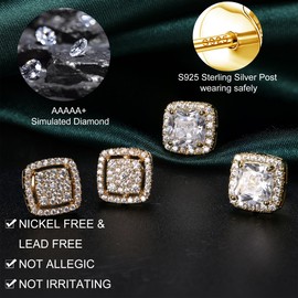 Dochais Cubic Zirconia Stud Earrings for Men Women, 14K Gold Plated Hypoallergenic 925 Sterling Silver Post Earrings Set, Iced Out Round & Square CZ Studs-Gold 2
