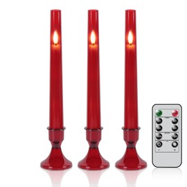 GenSwin LED Flameless Taper Candles with Remote Timer, 3 Pcs Red Window Taper Battery Operated Candles with Base and 3D Wick, Flameless Candlesticks for Wedding Party Home Decor(0.78” x 7.87”)
