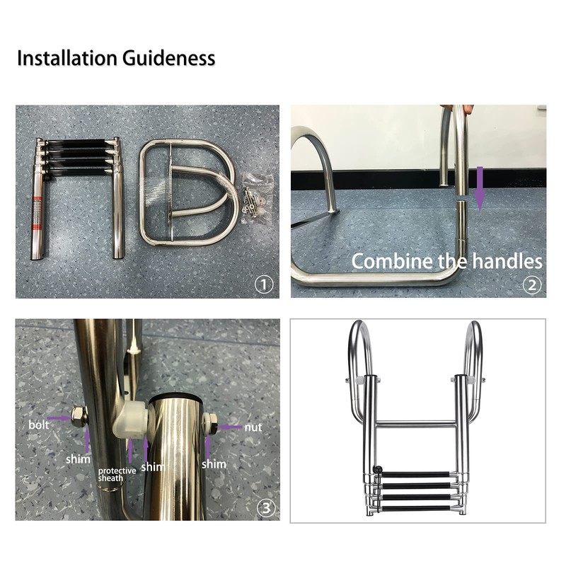 Hoffen 4 Step Pontoon Boat Ladder, Stainless Steel Telescoping Folding
