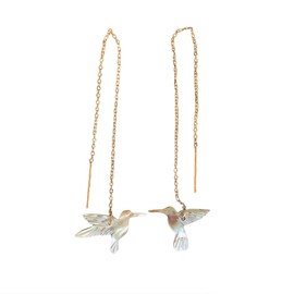 Mirlo Blanco - Aretes largos tipo violadores de colibríes con acero inoxidable para mujer Artesanalmente (Dorado)