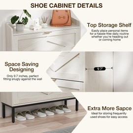 Entryway Shoe Storage Cabinet, Wooden Slim Organizer with 3 Hidden Drawers, Narrow Rack for Shoes, Flip Dresser for Entrance or Hallway, Space-Saving Storage Table, White Ash