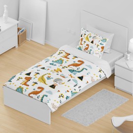 DJDEA Toddler Duvet Cover Set 120x150cm, Dinosaur Pattern Print Duvet Cover Set, Cot Bedding Set for Boys Junior/Cot Bed Microfiber Quilt Cover Matching Pillowcase 40x60cm