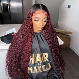 Aikebi Brown 30 Omber Burgundy 26 Inch Curly Human Hair Wig Lace Frontal Closure Deep Human Hair Wig Pre Plucked Pre Cut Lace Frontal Closure Glueless Wigs Elastic Band 200% Density