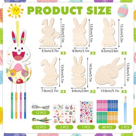 SRIZIAN 6 Style Easter Wind Chimes Craft for Kids, 12Pcs Easter Bunny Egg Wood Ornament with 2 Sheet Tattoo Temporary DIY Blank Wooden Crafts to Paint for Kids Party Decoration