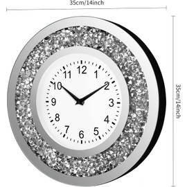 Couperos Diamond Mirrored Round Large Wall Clocks for Living Room Decor, Silver Crystal Sparkle Twinkle Bling Diamond Glass Wall Clock Decorative for Bedrooms Home Office