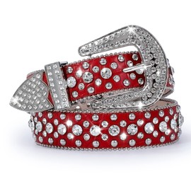 SANSTHS Women Rhinestone Belt for Jeans, Western Cowgirl Bling Studded Belt Faux Crocodile Grain Leather, Red L