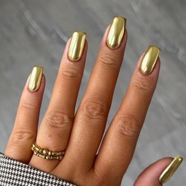 Mirror Metal Light Gold Press on Nails Medium Short Square Chrome Glazed Short Gel Nails Press ons Shiny Plating Nails Acrylic Nails Reusable Thick Fake Nails for Women Glue on Nails Medium Length
