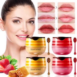 4 PCS Bee Honey Lip Balm Honey Pot, Strawberry & Bee Honey Lip Mask, Reduces Lip Lines, Hydrate & Moisturizing Lip Skin Care, Prevention Dry Cracked Lips, Bee Honey Lip Balm for Lip Repair Treatment