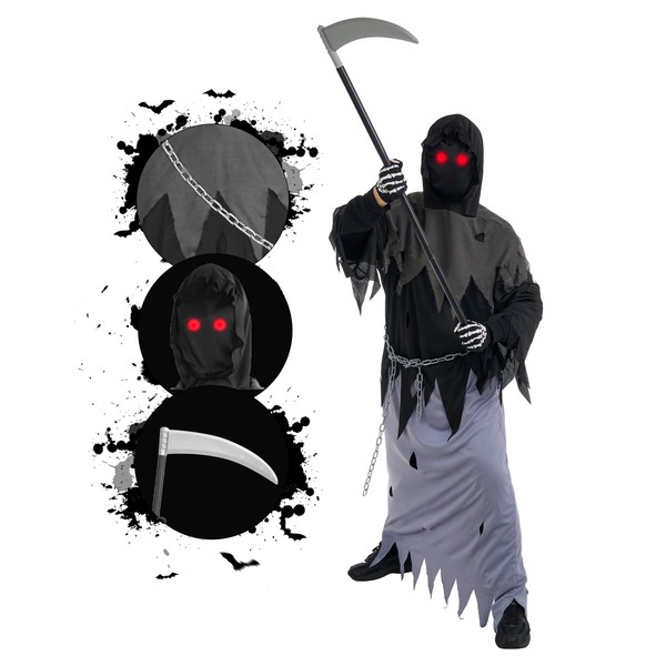 Snirczs Grim Reaper Costume for Adults - Glowing Red Eyes,