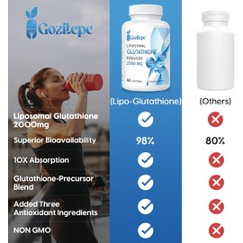 Gozitepe Liposomal Glutathione 2000mg | High-Absorption Antioxidant Support | Hyaluronic Acid, Collagen Peptide & Resveratrol | 10X Better Absorption | 60 Softgels