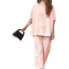 SeeLuNa Women's Two Piece Outfits 3/4 Batwing Sleeve Capelet Crew Neck Pullover Top Wide Leg Pants Lounge Set(Pink,XS)