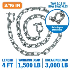 Better Boat Galvanized Anchor Chain, Marine Grade, 3/16" Chain with 2 Anchor Shackles, Link Ends, 4 Ft, for Boats