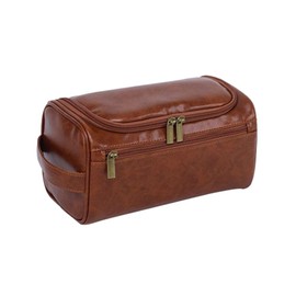 Men's Artifical Leather Toiletry Bag Brown Travel Washbag with Compartments for Gym, Shaving & Storage