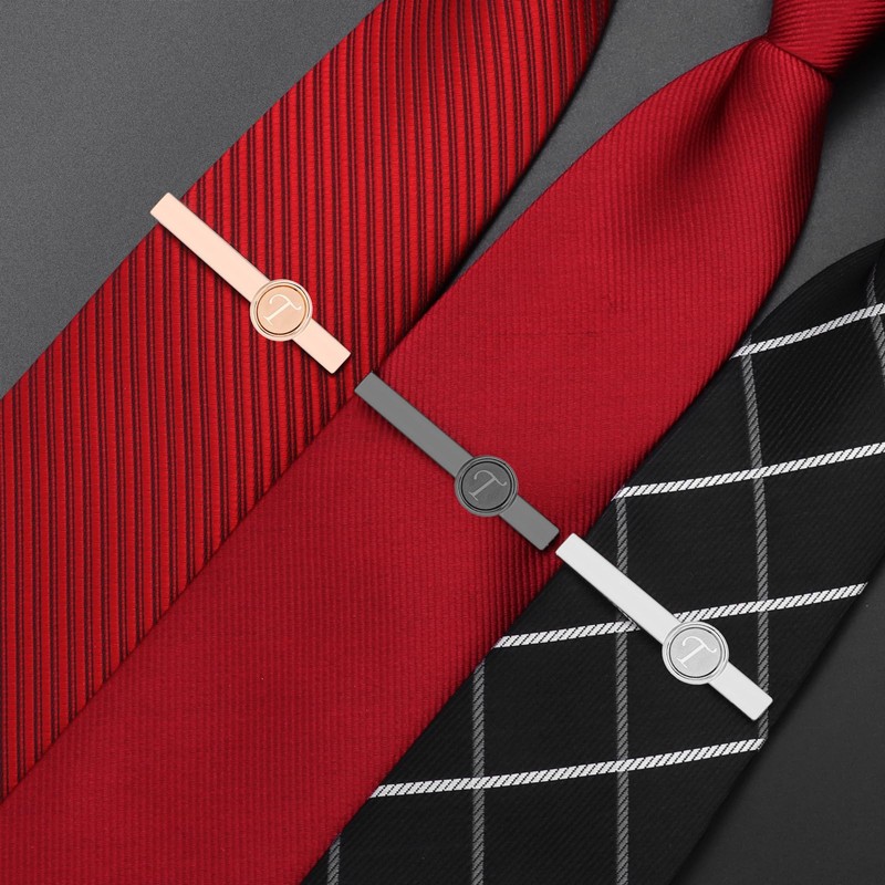 AMITER 3pcs Tie Clips with Initial A-Z, Skinny Tie Bar
