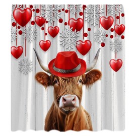 Valentine's Cow Heart Shower Curtain Funny Highland Cow Romantic Red Heart Snowflake Rustic Farmhouse Sweet Love Couple Cute Animal Modern Fabric Bathroom Curtain with Hook
