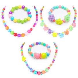 BigOtters Toddler Necklace Bracelet, 3 Sets Kids Jewelry for Girls Colorful Beads, Costume Dress up Jewelry Gifts Princess Party Favors