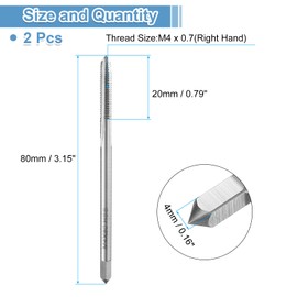 sourcing map 2pcs Straight Flute Thread Taps, M4 x 0.7 H2 80mm Extra Long Metric Screw Machine Tap Threading Tapping Tools, High-Speed Steel 6542 (HSS 6542)