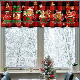 Xsinufn Christmas Kitchen Curtains Valances 3 Piece Set,Buffalo Plaid Gingerbread Hot Cocoa Rod Pocket Kitchen Curtain Over Sink Window,Farmhouse Cafe Curtains for Holiday Winter Decor 36 Inch