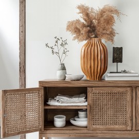 Large Ceramic Vase for Rustic Farmhouse, 11”Tall Decorative Pottery Living Room Centerpiece, Round Brown Kitchen Decoration, Fall Flower Vase for Pampas Grass on Fireplace Mantel Console Table