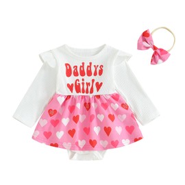 Carolilly Infant Baby Girls Valentine's Day Newborn Baby Girl 2Pcs Outfits Romper Dress Long Sleeve Heart Print Daddy's Girl Jumpsuit + Bow Headband Set Toddler Clothes (Pink, 12-18 Months)