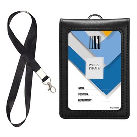 Card Holder for Lanyard 2 Set Badge Holder Bus Pass Holders for Men Double Sided PU Leather Bus Pass Holder with Clear Window Minimalist Travel Credit Wallet Case for Work, Bus Pass and Metro, Black