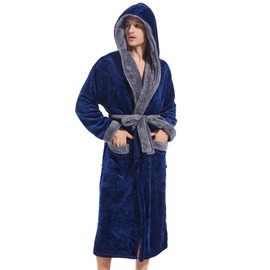 Inner Wish - Albornoz con capucha para hombre, albornoz largo de felpa acogedora y cálida bata de spa para hombre con bolsillos, Azul marino/Gris oscuro, Small-Medium