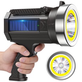 YIERBLUE Solar Power & Rechargeable Spotlight Floodlight Combo 2200,000 Lumen, Super Bright Handheld Spotlight Flashlight with Side Floodlight Runtime up to 20Hrs, with Foldable Stand and Red Lens