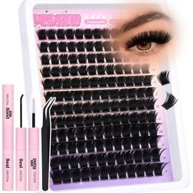 PVDKIW 200D Volume Lash Clusters Kit Thick Eyelash Clusters 10-14mm Mega Lash Extension Kit Full Lashes Clusters 144 Pcs Eyelash Extension Kit with Lash Bond and Seal DIY Lashes Tweezers for Beginners