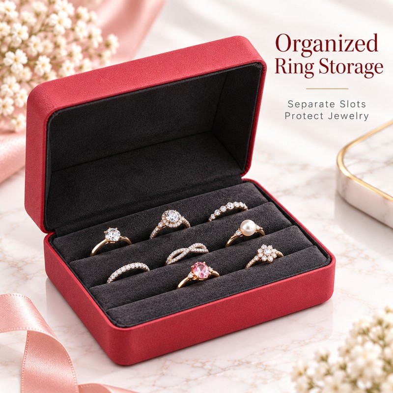 Red PU Leather Ring Jewelry Box – Velvet-Lined Multi-Ring Organizer