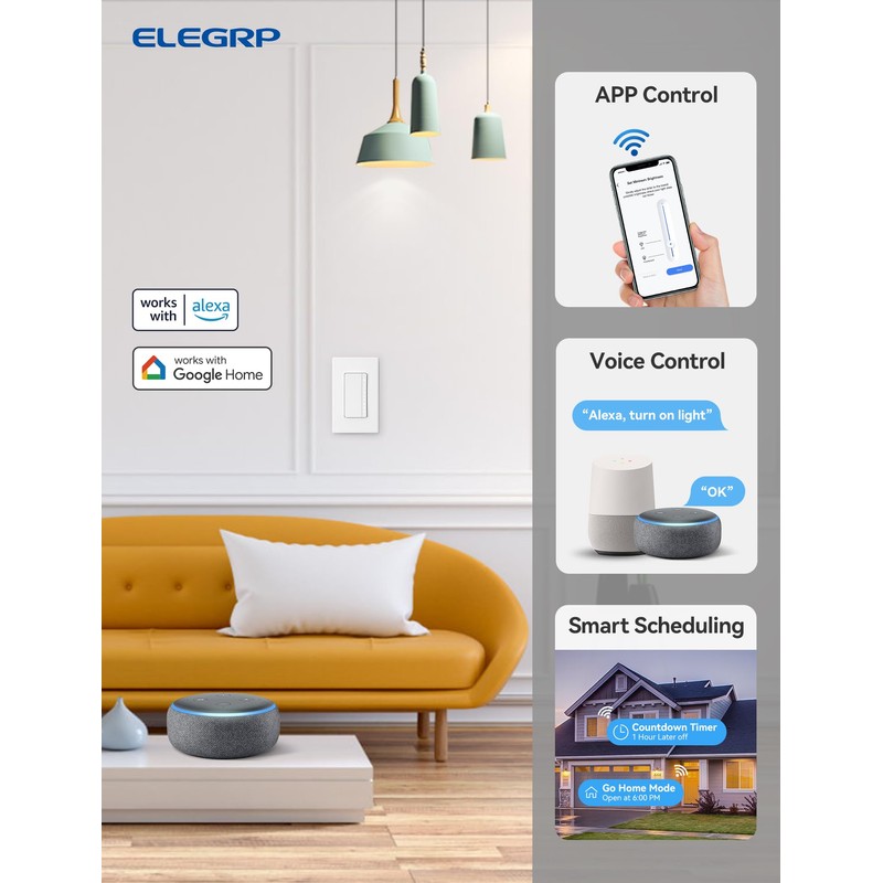 ELEGRP Single Pole Smart Dimmer Light Switch DPR10, 2.4GHz Wi-Fi