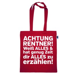 clothinx Bag Achtung Rentner! 100% Organic Fair Cotton Bag Eco Sustainable Funny Gift Idea Gift for Retirees Pensioners Long Handle Carry Bag Shopping Bag Fabric Bag, red