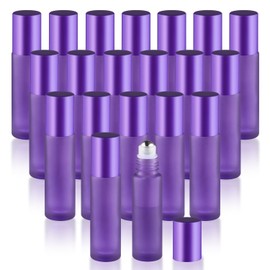 Mirrline 20 Pcs 10ml/0.34oz Frosted Glass Bottle Refillable Roller Bottles with Stainless Steel Roller Balls & Aluminum Screw Caps for Perfume Essential Oil Lip Gloss Travel - Purple