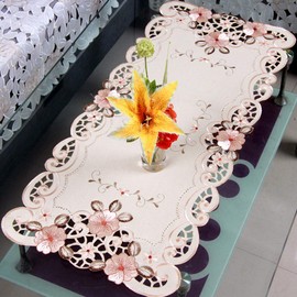 WELLYUK 33 Inch X 57 Inch Vintage Embroidered Beige Pink Flower Classic Lace Oblong Tablecloth, Elegant Cabinet Dining Room Home Decoration Rectangle Table Cloth