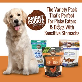 Smart Cookie All Natural Dog Treats - Sensitive Stomach 3 Flavor Variety Pack - Trout & Apple, Chicken Hip & Joint, Rabbit Jerky Strips - Sensitive Stomach Dog Training Treats, Dog Digestive Support